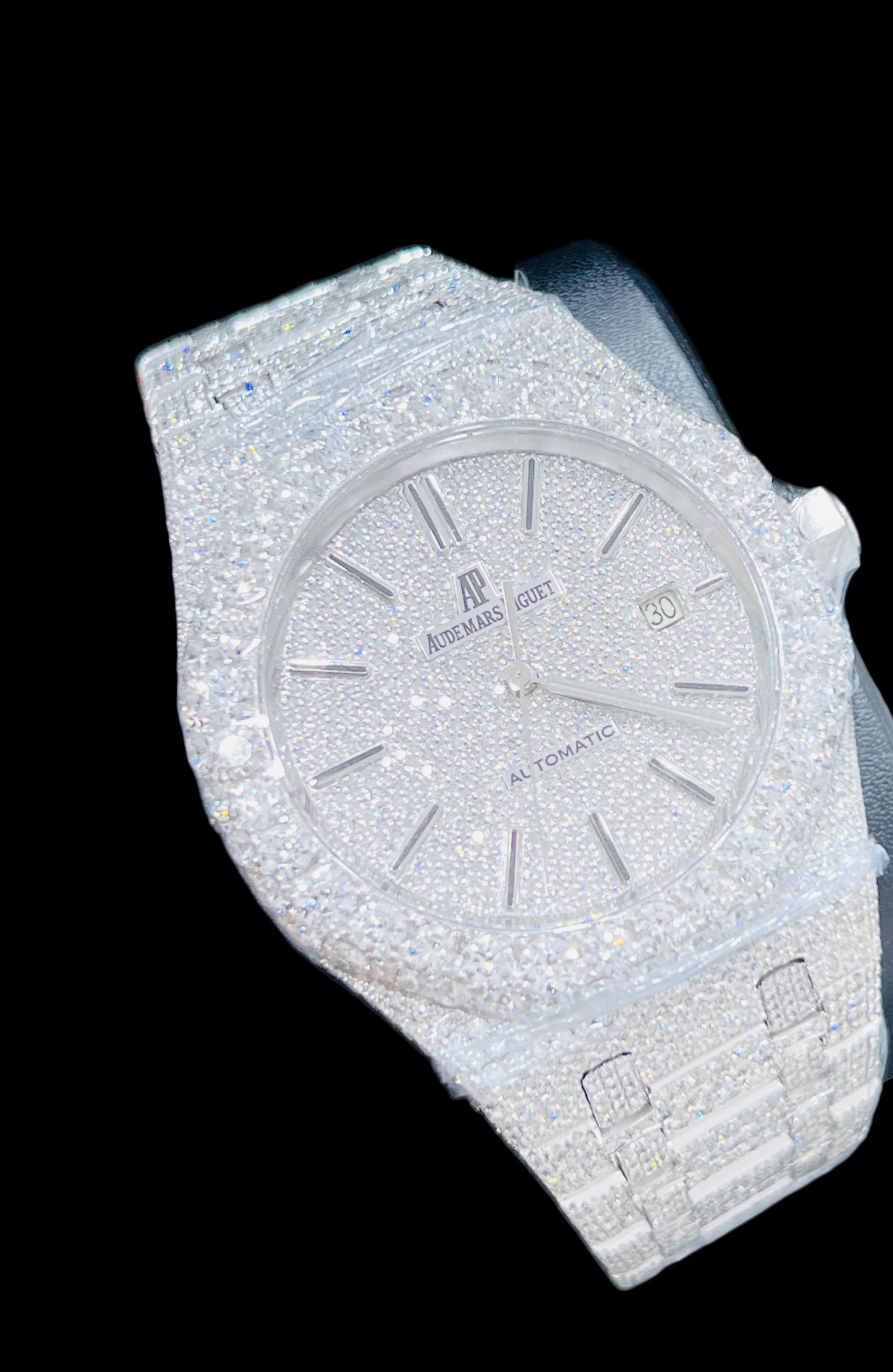 Luxury diamond-encrusted watch on a black background