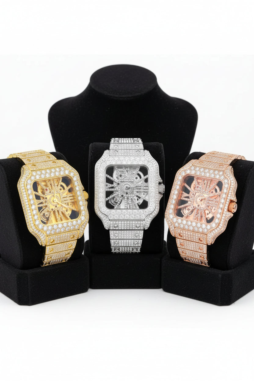 Stainless Steel Iced Out Skeleton Dial Diamond Watch